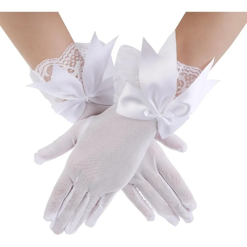 Women's Evening White Short Bow Lace Gloves Mitten Party Costume Accessories
